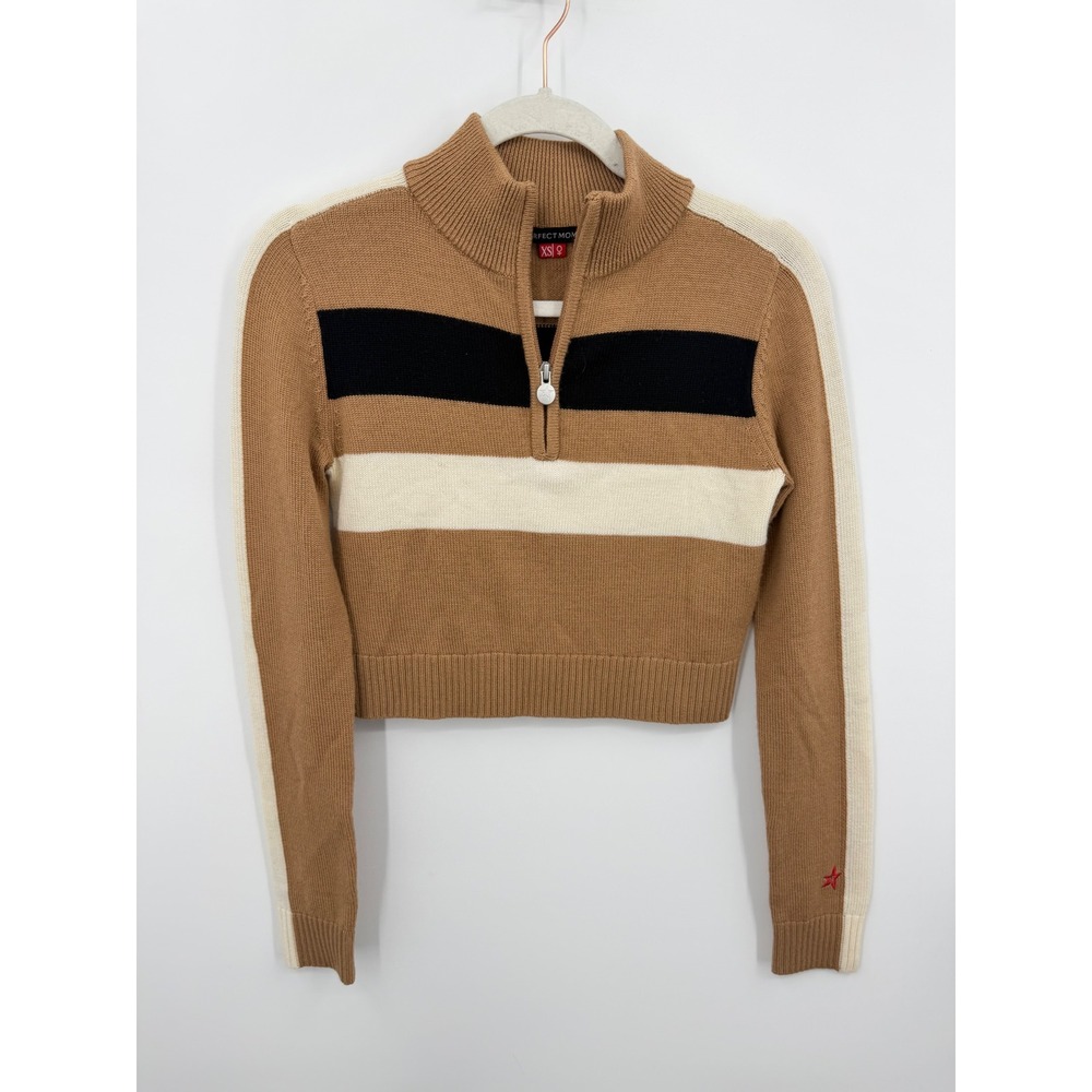 Perfect Moment mania Merino Wool Quarter Zip Sweater sz XS Camel Striped Cropped